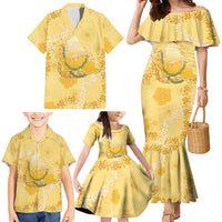 Hawaii Oahu Island Flowers Lei Family Matching Mermaid Dress and Hawaiian Shirt Yellow Ilima Mix Plumeria LT7 - Polynesian Pride