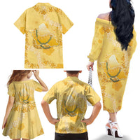 Hawaii Oahu Island Flowers Lei Family Matching Off The Shoulder Long Sleeve Dress and Hawaiian Shirt Yellow Ilima Mix Plumeria LT7 - Polynesian Pride