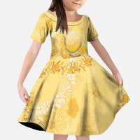 Hawaii Oahu Island Flowers Lei Family Matching Short Sleeve Bodycon Dress and Hawaiian Shirt Yellow Ilima Mix Plumeria LT7 Daughter's Dress Yellow - Polynesian Pride