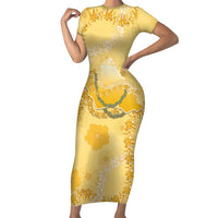 Hawaii Oahu Island Flowers Lei Family Matching Short Sleeve Bodycon Dress and Hawaiian Shirt Yellow Ilima Mix Plumeria LT7 Mom's Dress Yellow - Polynesian Pride