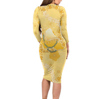 Hawaii Oahu Island Flowers Lei Long Sleeve Bodycon Dress Yellow Ilima Mix Plumeria