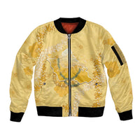 Hawaii Oahu Island Flowers Lei Sleeve Zip Bomber Jacket Yellow Ilima Mix Plumeria