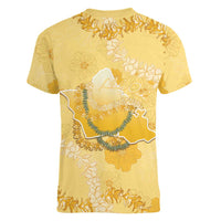 Hawaii Oahu Island Flowers Lei Women V-Neck T-Shirt Yellow Ilima Mix Plumeria LT7 - Polynesian Pride