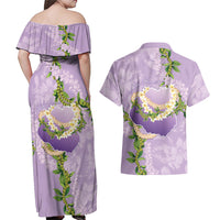 Hawaii Kauai Island Flowers Lei Couples Matching Off Shoulder Maxi Dress and Hawaiian Shirt Mokihana Lei LT7 - Polynesian Pride