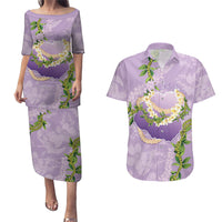 Hawaii Kauai Island Flowers Lei Couples Matching Puletasi and Hawaiian Shirt Mokihana Lei LT7 Lavender - Polynesian Pride