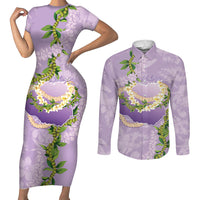 Hawaii Kauai Island Flowers Lei Couples Matching Short Sleeve Bodycon Dress and Long Sleeve Button Shirt Mokihana Lei LT7 Lavender - Polynesian Pride