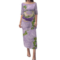 Hawaii Kauai Island Flowers Lei Family Matching Puletasi and Hawaiian Shirt Mokihana Lei LT7 Mom's Dress Lavender - Polynesian Pride