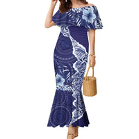Fiji Queen Victoria School Personalised Family Matching Mermaid Dress and Hawaiian Shirt Masi Tapa Torn Style LT7 Mom's Dress Blue - Polynesian Pride