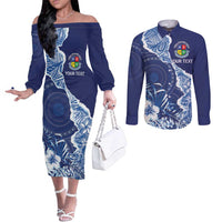 Fiji Lelean Memorial School Personalised Couples Matching Off The Shoulder Long Sleeve Dress and Long Sleeve Button Shirt Korodredre Davuilevu Masi Mix Style LT7 Blue - Polynesian Pride
