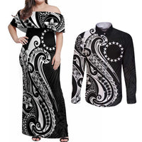 Kia Orana Cook Islands Couples Matching Off Shoulder Maxi Dress and Long Sleeve Button Shirt Kerekere Plumeria Tropical Waves - Polynesian Pride