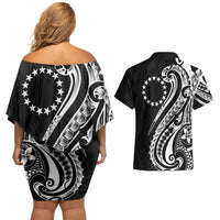 Kia Orana Cook Islands Couples Matching Off Shoulder Short Dress and Hawaiian Shirt Kerekere Plumeria Tropical Waves LT7 - Polynesian Pride