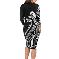 Kia Orana Cook Islands Long Sleeve Bodycon Dress Kerekere Plumeria Tropical Waves - Polynesian Pride