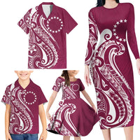 Kia Orana Cook Islands Family Matching Long Sleeve Bodycon Dress and Hawaiian Shirt Maroon Plumeria Tropical Waves - Polynesian Pride