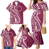 Kia Orana Cook Islands Family Matching Mermaid Dress and Hawaiian Shirt Maroon Plumeria Tropical Waves - Polynesian Pride