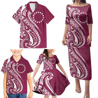 Kia Orana Cook Islands Family Matching Puletasi and Hawaiian Shirt Maroon Plumeria Tropical Waves - Polynesian Pride