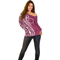 Kia Orana Cook Islands Off Shoulder Sweater Maroon Plumeria Tropical Waves - Polynesian Pride