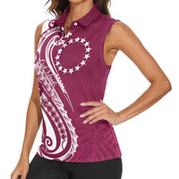 Kia Orana Cook Islands Women Sleeveless Polo Shirt Maroon Plumeria Tropical Waves - Polynesian Pride