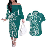 Kia Orana Cook Islands Couples Matching Off The Shoulder Long Sleeve Dress and Hawaiian Shirt Teal Plumeria Tropical Waves - Polynesian Pride