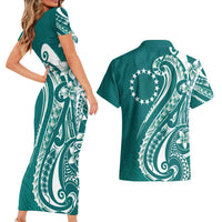 Kia Orana Cook Islands Couples Matching Short Sleeve Bodycon Dress and Hawaiian Shirt Teal Plumeria Tropical Waves - Polynesian Pride