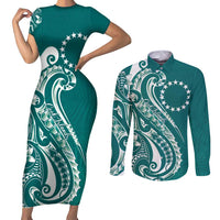 Kia Orana Cook Islands Couples Matching Short Sleeve Bodycon Dress and Long Sleeve Button Shirt Teal Plumeria Tropical Waves - Polynesian Pride