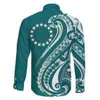 Kia Orana Cook Islands Family Matching Off The Shoulder Long Sleeve Dress and Hawaiian Shirt Teal Plumeria Tropical Waves - Polynesian Pride