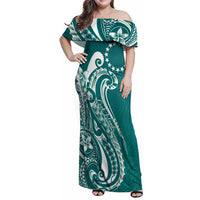 Kia Orana Cook Islands Family Matching Off Shoulder Maxi Dress and Hawaiian Shirt Teal Plumeria Tropical Waves - Polynesian Pride