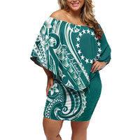 Kia Orana Cook Islands Family Matching Off Shoulder Short Dress and Hawaiian Shirt Teal Plumeria Tropical Waves - Polynesian Pride