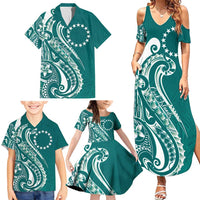 Kia Orana Cook Islands Family Matching Summer Maxi Dress and Hawaiian Shirt Teal Plumeria Tropical Waves - Polynesian Pride