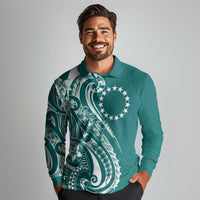 Kia Orana Cook Islands Long Sleeve Polo Shirt Teal Plumeria Tropical Waves - Polynesian Pride