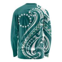 Kia Orana Cook Islands Long Sleeve Shirt Teal Plumeria Tropical Waves - Polynesian Pride