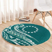 Kia Orana Cook Islands Round Carpet Teal Plumeria Tropical Waves - Polynesian Pride