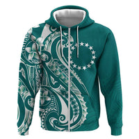 Kia Orana Cook Islands Zip Hoodie Teal Plumeria Tropical Waves - Polynesian Pride