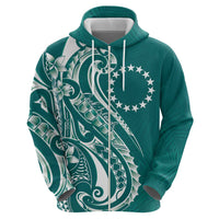 Kia Orana Cook Islands Zip Hoodie Teal Plumeria Tropical Waves - Polynesian Pride