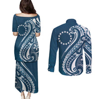 Kia Orana Cook Islands Couples Matching Puletasi and Long Sleeve Button Shirt Auika Plumeria Tropical Waves - Polynesian Pride