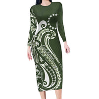 Kia Orana Cook Islands Long Sleeve Bodycon Dress Matie Plumeria Tropical Waves - Polynesian Pride