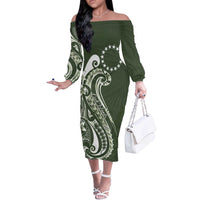 Kia Orana Cook Islands Off The Shoulder Long Sleeve Dress Matie Plumeria Tropical Waves - Polynesian Pride