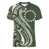 Kia Orana Cook Islands Women V-Neck T-Shirt Matie Plumeria Tropical Waves - Polynesian Pride