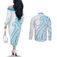 Kia Orana Cook Islands Couples Matching Off The Shoulder Long Sleeve Dress and Long Sleeve Button Shirt Moana Plumeria Tropical Waves - Polynesian Pride