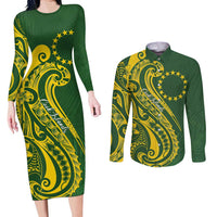 Kia Orana Cook Islands Couples Matching Long Sleeve Bodycon Dress and Long Sleeve Button Shirt Plumeria Tropical Waves - Polynesian Pride