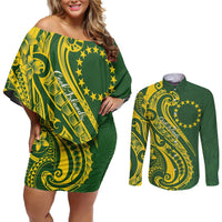 Kia Orana Cook Islands Couples Matching Off Shoulder Short Dress and Long Sleeve Button Shirt Plumeria Tropical Waves - Polynesian Pride