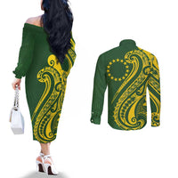 Kia Orana Cook Islands Couples Matching Off The Shoulder Long Sleeve Dress and Long Sleeve Button Shirt Plumeria Tropical Waves - Polynesian Pride