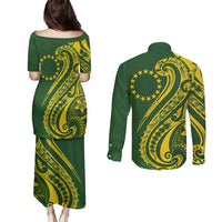 Kia Orana Cook Islands Couples Matching Puletasi and Long Sleeve Button Shirt Plumeria Tropical Waves - Polynesian Pride