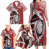 Mate Ma'a Tonga Rugby Custom Kupesi Motifs Family Matching Long Sleeve Bodycon Dress and Hawaiian Shirt Red Waves