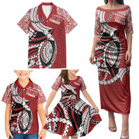 Mate Ma'a Tonga Rugby Custom Kupesi Motifs Family Matching Puletasi and Hawaiian Shirt Red Waves