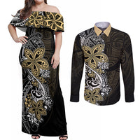 Polynesian Pride Couples Matching Off Shoulder Maxi Dress and Long Sleeve Button Shirts Tiare With Plumeria Mix Style LT7 Cream - Polynesian Pride