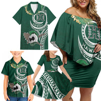 Hawaii Rainbow Warriors Alumni Personalized Family Matching Off Shoulder Short Dress and Hawaiian Shirt Ti Maile Lei - Glory For The Warriors