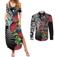 Meri Kirihimete New Zealand Couples Matching Summer Maxi Dress and Long Sleeve Button Shirt Tui on Pohutukawa LT7 Black - Polynesian Pride