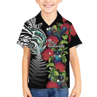 Meri Kirihimete New Zealand Family Matching Short Sleeve Bodycon Dress and Hawaiian Shirt Tui on Pohutukawa LT7 Son's Shirt Black - Polynesian Pride