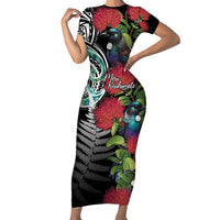 Meri Kirihimete New Zealand Short Sleeve Bodycon Dress Tui on Pohutukawa LT7 Long Dress Black - Polynesian Pride