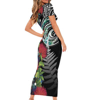 Meri Kirihimete New Zealand Short Sleeve Bodycon Dress Tui on Pohutukawa LT7 - Polynesian Pride